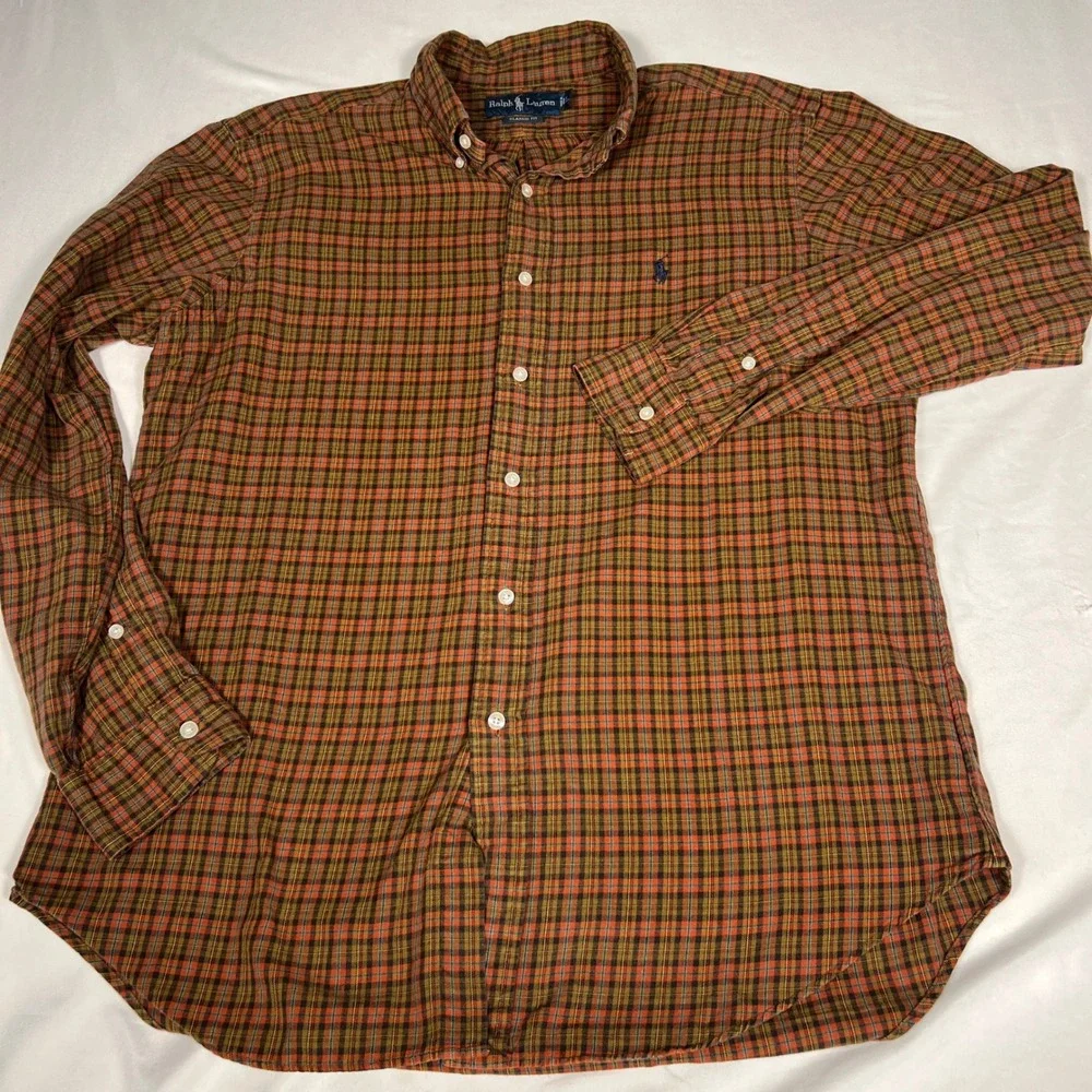 Polo Ralph Lauren Mens Large Classic Fit Plaid Button Down Shirt‎ Orange Brown